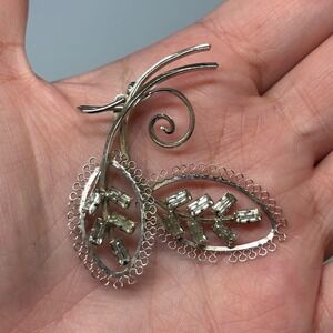 Star-Art Sterling Silver Baguette Rhinestone Leaf Spray Brooch Pin Vintage